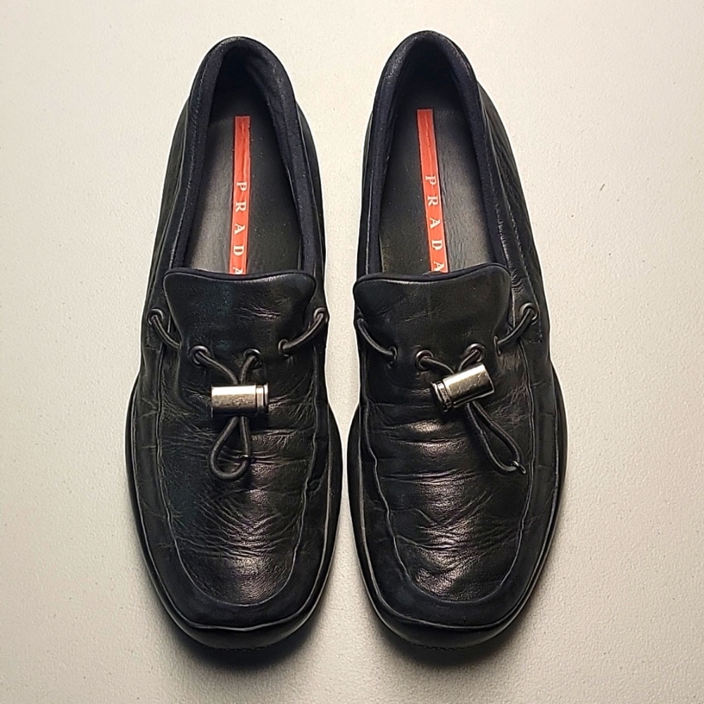 Prada Vintage Black Leather Sport Loafers with Metal Logo Hardware - Size 40